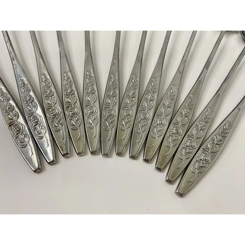 Eldan Stainless Japan ELD18 Pattern Textured Roses 12 Iced Tea Spoons 8 1/8